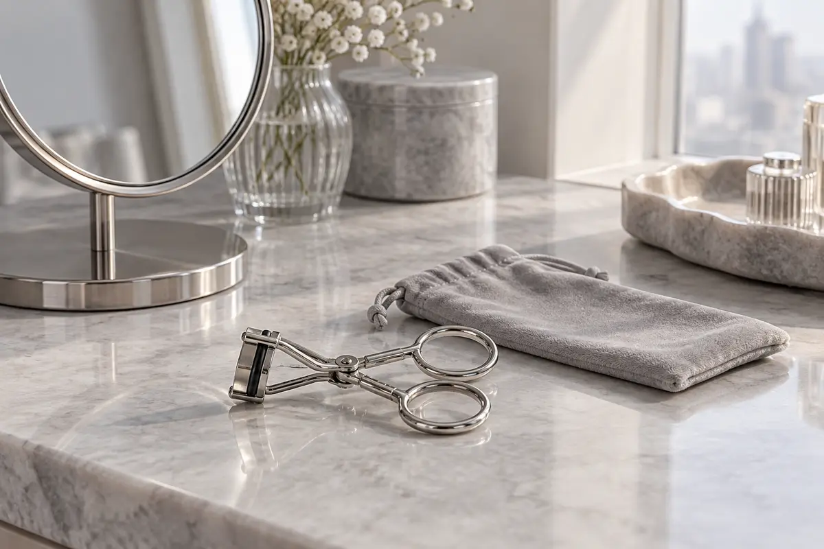 Mini lash curler and pouch on a light dressing table